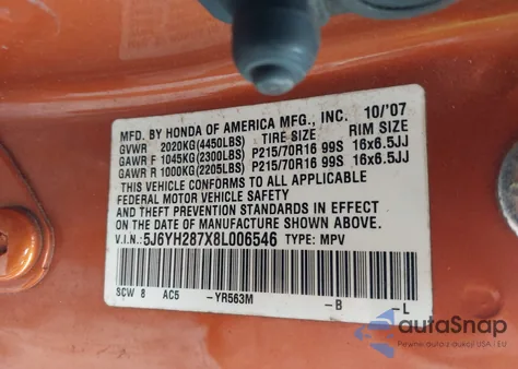2008 Honda Element Ex z USA, uszkodzony, nr VIN 5J6YH287X8L006546